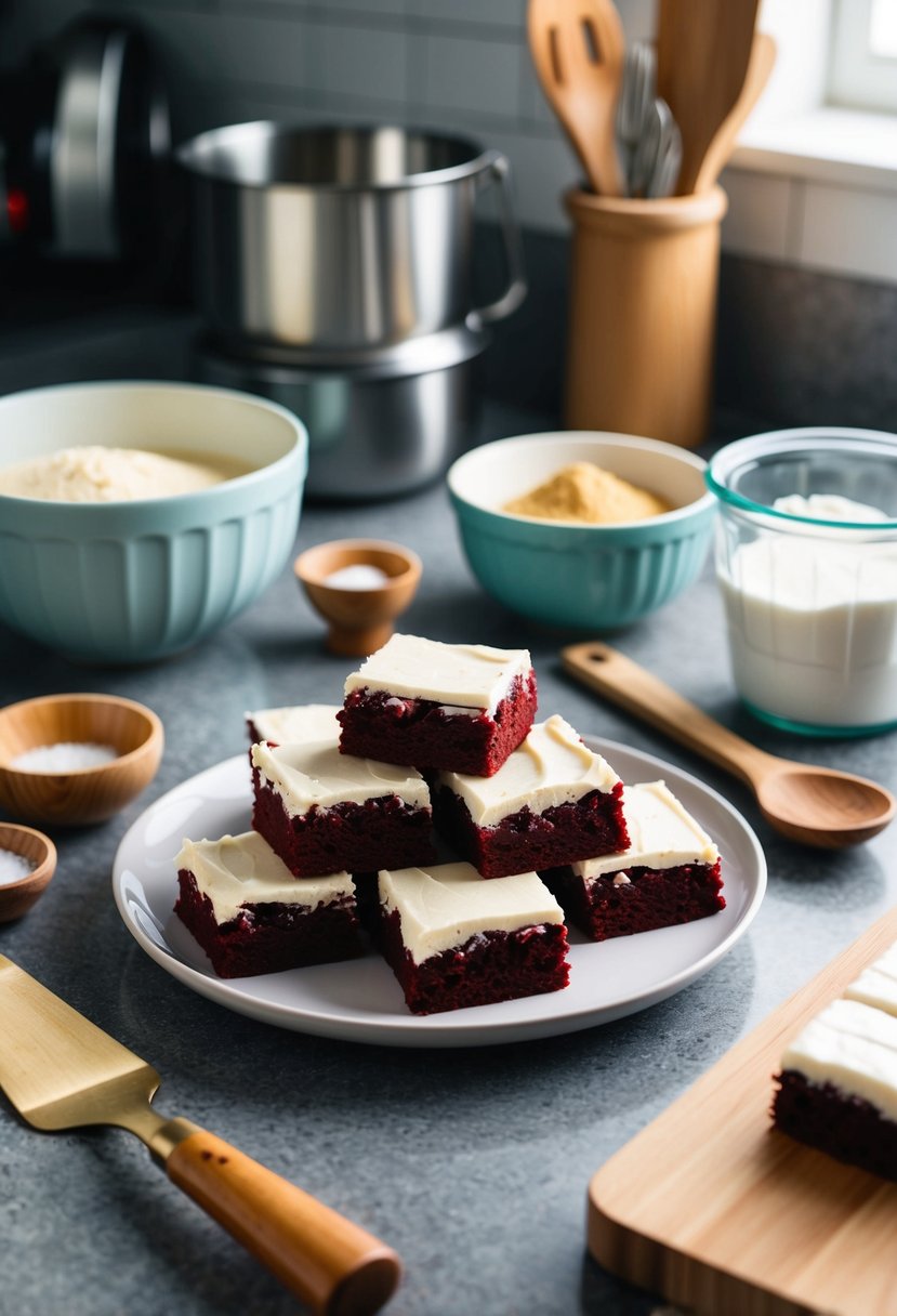 A plate of red velvet cream cheese brownies surrounded by ingredients and baking utensils on a kitchen counter