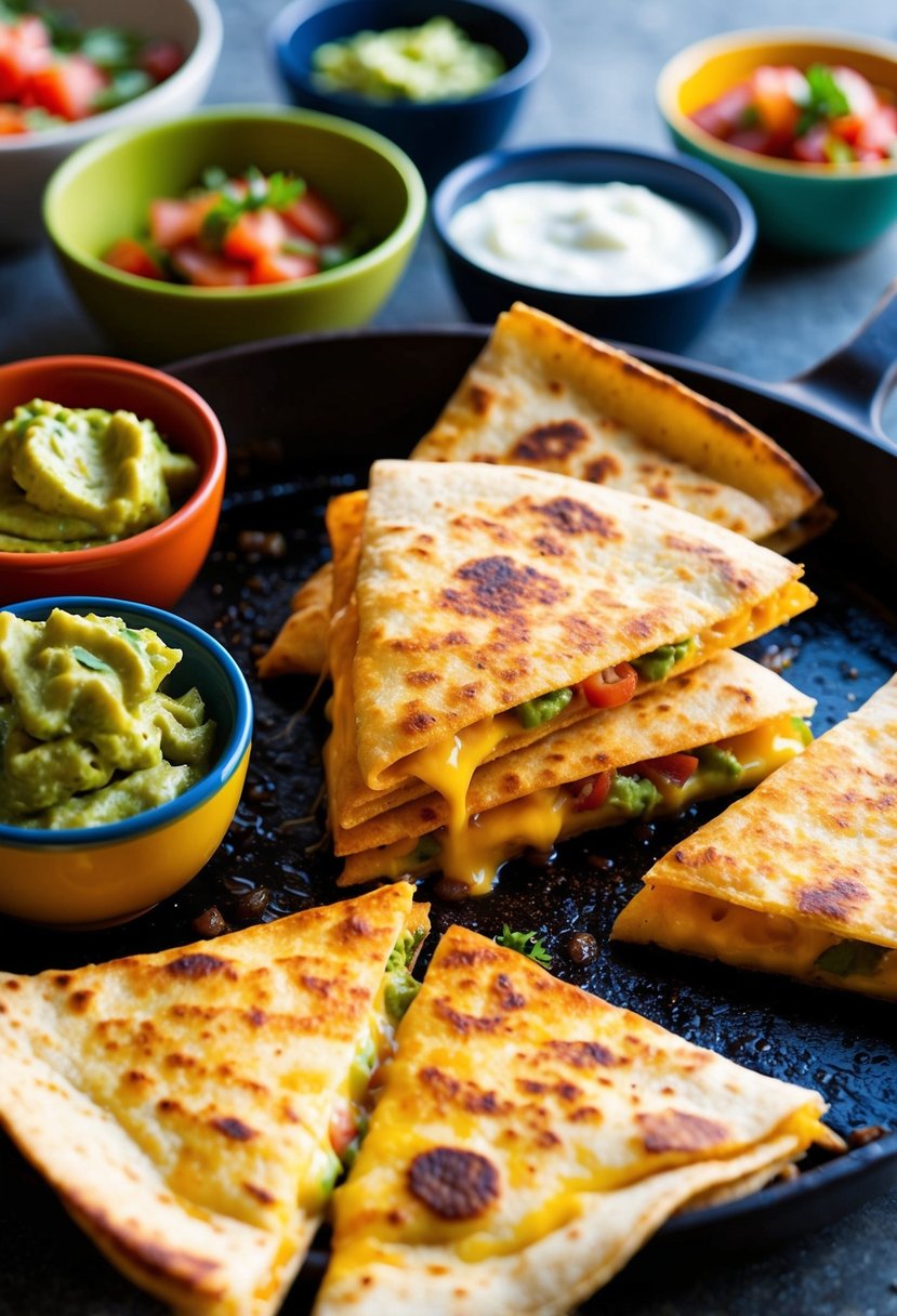 A sizzling skillet with golden-brown cheesy quesadillas, surrounded by colorful bowls of fresh salsa, guacamole, and sour cream