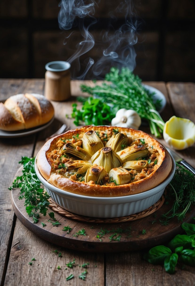 A rustic wooden table set with a steaming dish of sourdough and artichoke stuffing, surrounded by fresh herbs and vegetables