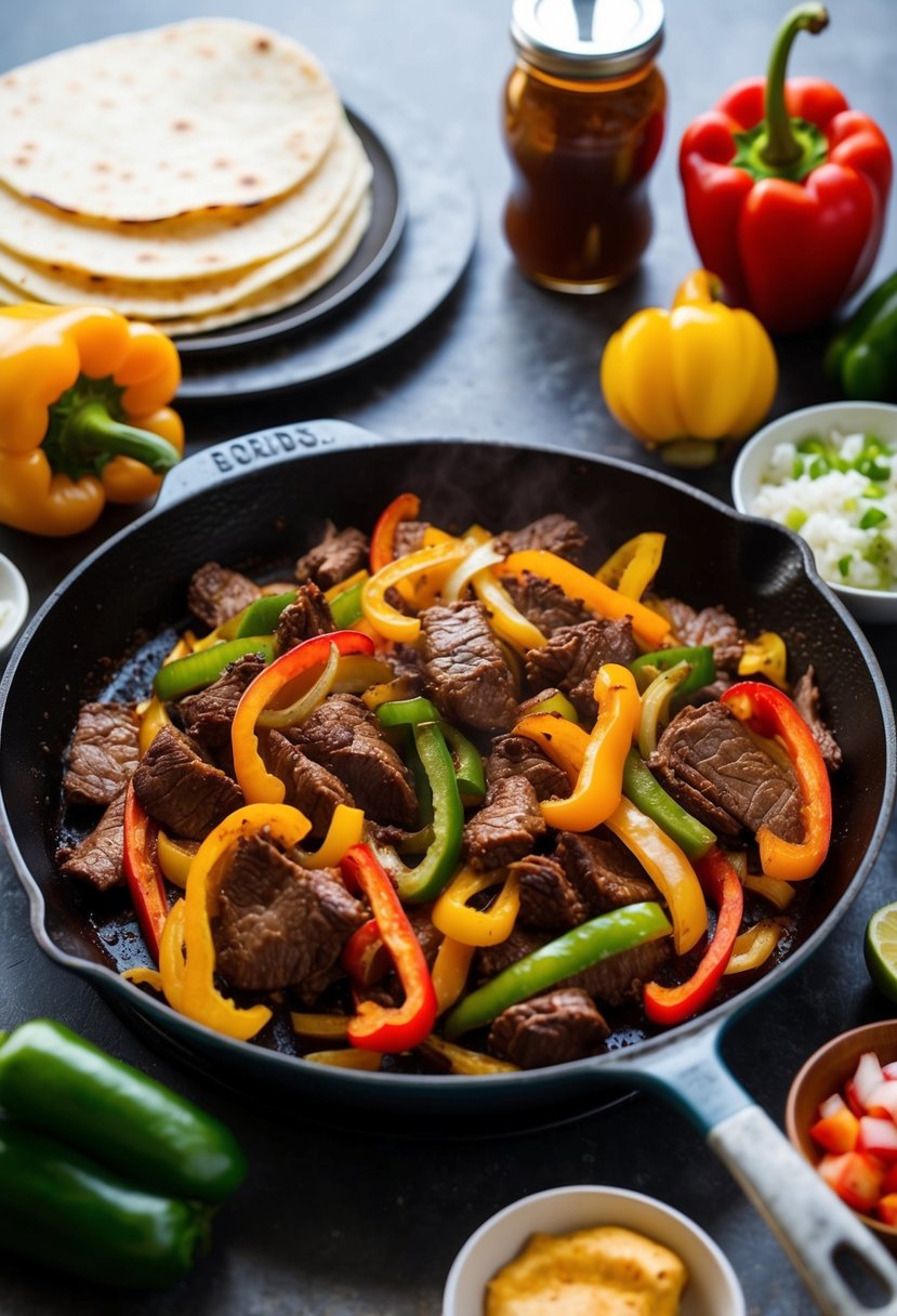 A sizzling skillet of beef fajitas surrounded by colorful peppers and onions, with warm tortillas and condiments on the side