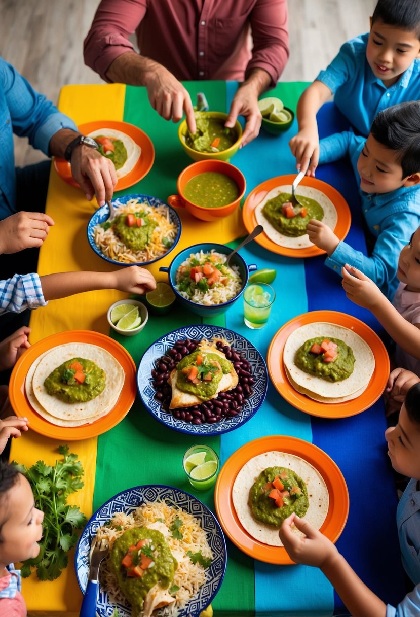 A colorful table spread with salsa verde chicken, rice, beans, and tortillas, surrounded by a family eagerly reaching for the delicious meal