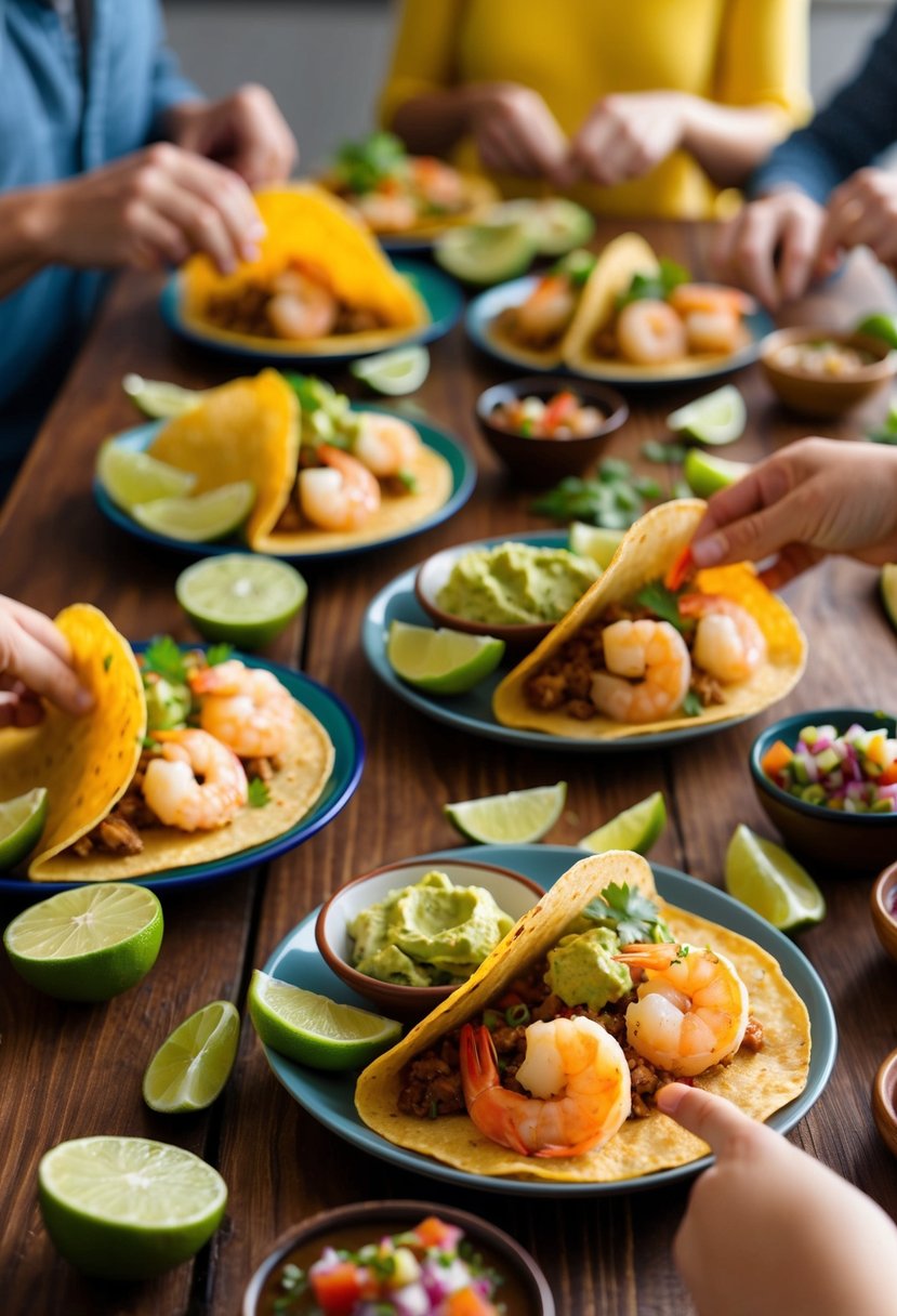 A colorful spread of shrimp tacos, guacamole, salsa, and lime wedges on a wooden table. A family gathers around, eagerly reaching for the delicious Mexican dinner