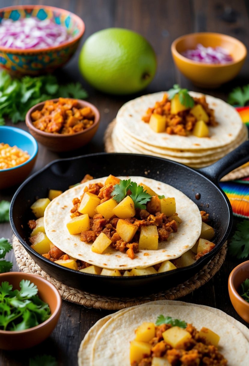 A sizzling skillet with diced chorizo and potato filling soft corn tortillas, surrounded by colorful Mexican ingredients