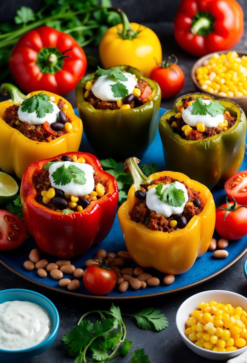 A colorful array of Mexican stuffed peppers, surrounded by vibrant ingredients like tomatoes, corn, and beans, ready to be served for a family dinner