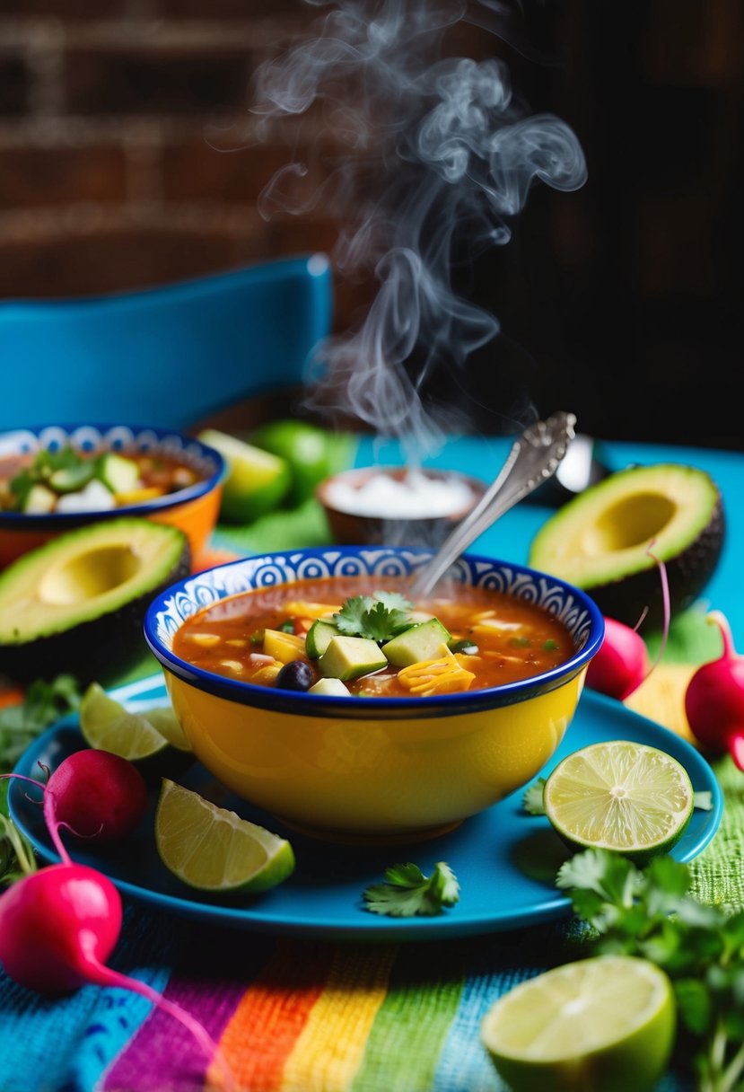 A colorful table setting with a steaming bowl of pozole soup, surrounded by fresh ingredients like radishes, avocado, and lime