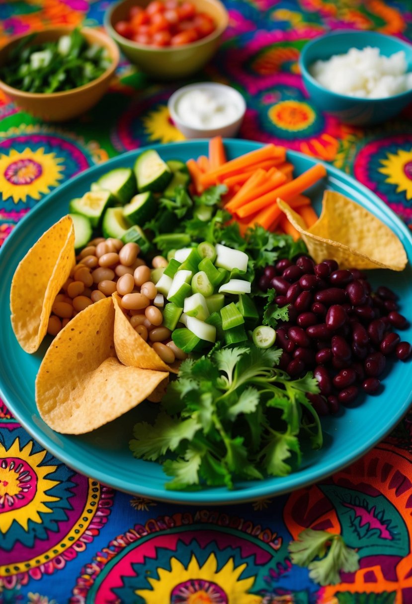 A colorful array of fresh vegetables, beans, and crispy tostada shells arranged on a vibrant, patterned tablecloth