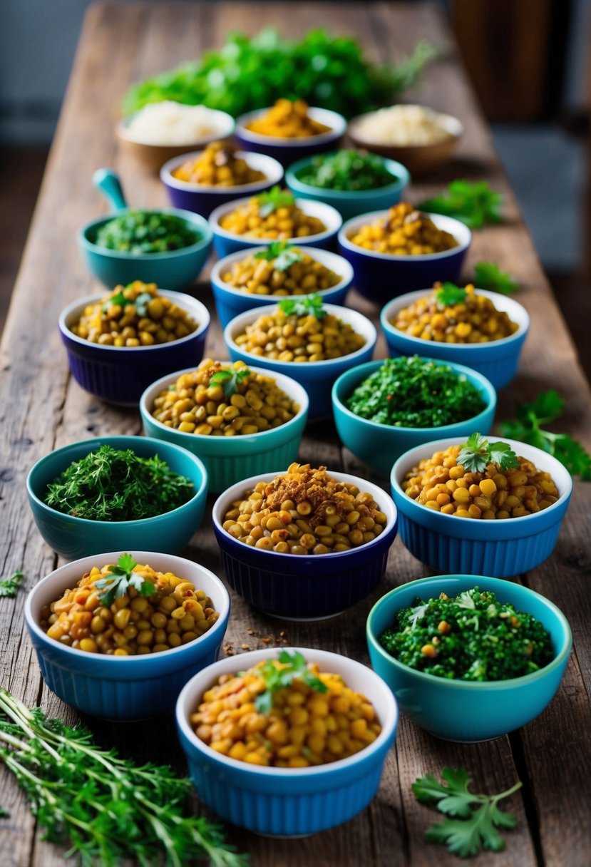 A colorful array of lentil side dishes arranged on a rustic wooden table, garnished with fresh herbs and spices