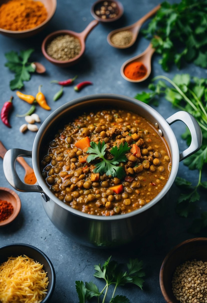 A steaming pot of spicy lentil curry surrounded by colorful spices and herbs