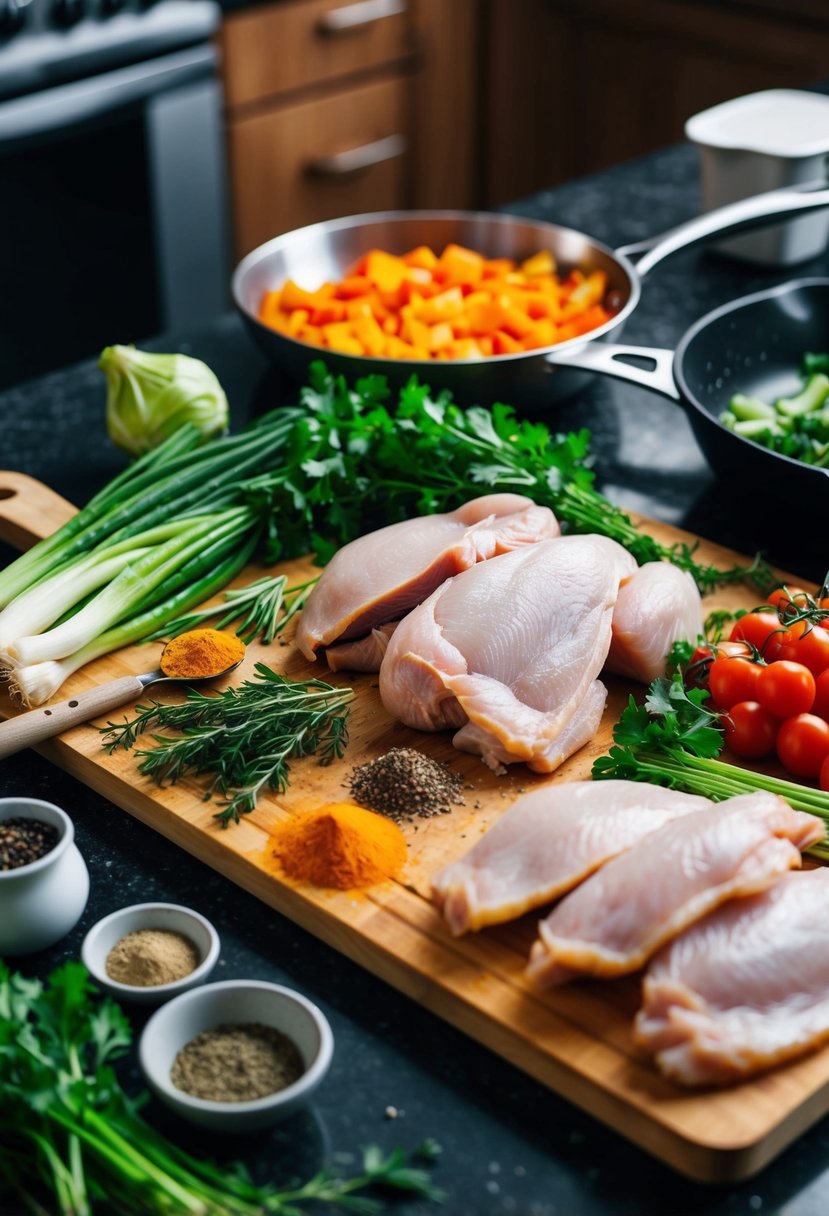 A cutting board with fresh vegetables and raw chicken, surrounded by various spices and herbs. A skillet and cooking utensils sit nearby