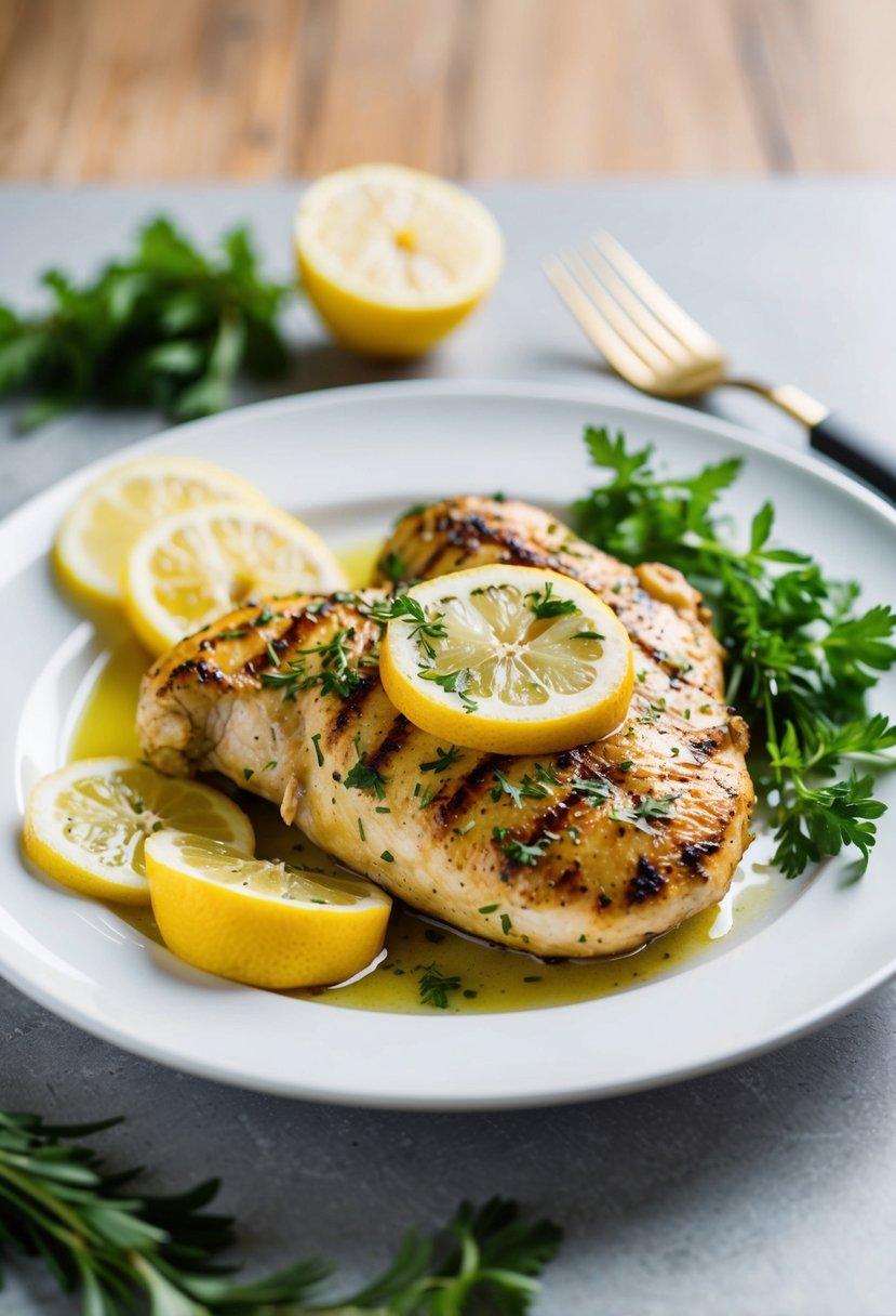 A sizzling grilled lemon herb chicken on a clean, white plate with fresh herbs and lemon slices as garnish