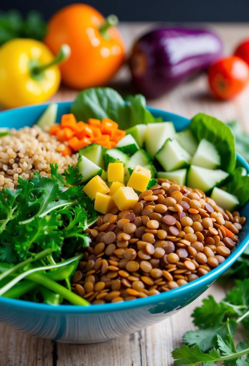 A colorful array of lentils, quinoa, and fresh vegetables arranged in a vibrant salad bowl