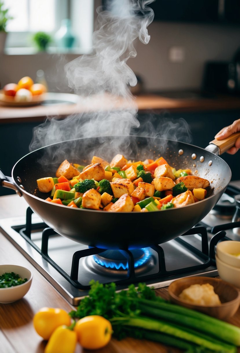 A sizzling wok filled with colorful vegetables and chunks of seasoned chicken, steam rising as the savory aroma fills the kitchen