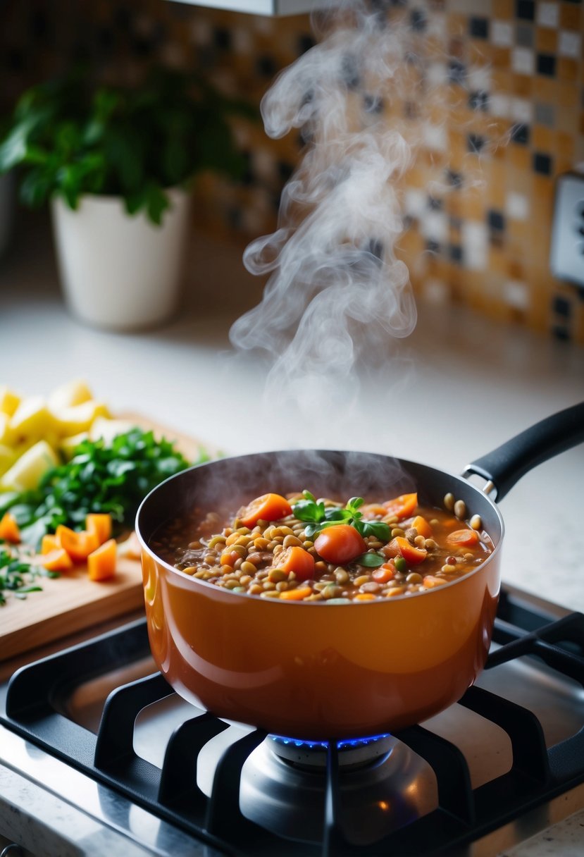 A pot of lentil and tomato stew simmers on a stovetop, steam rising and filling the kitchen with a rich, savory aroma. Chopped vegetables and herbs sit on the counter nearby