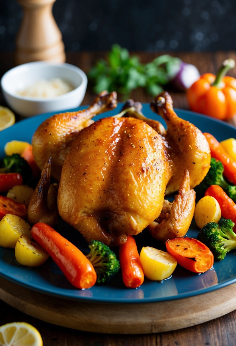 A platter of golden-brown honey garlic chicken surrounded by colorful roasted vegetables