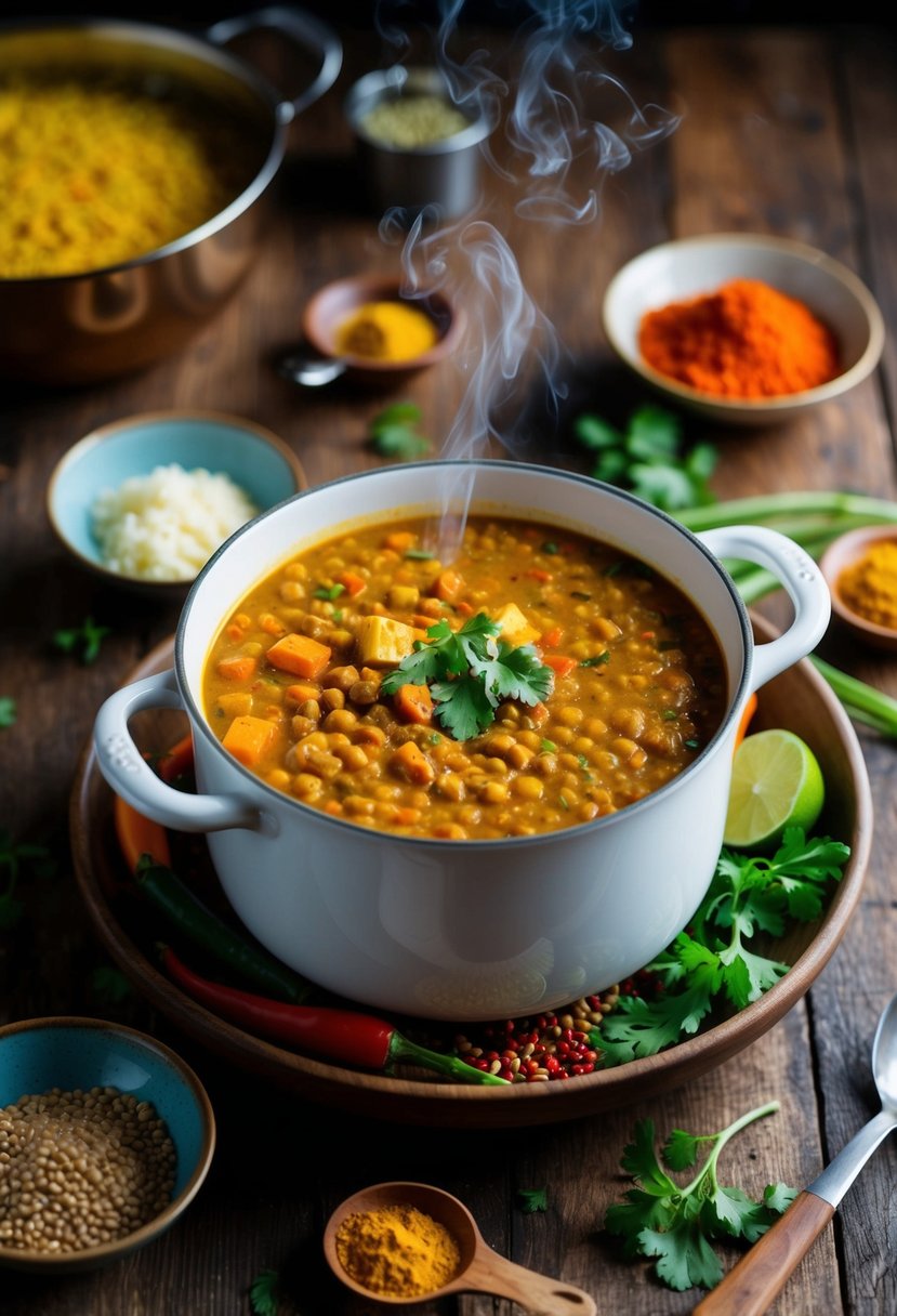 A steaming pot of curried red lentil soup surrounded by colorful spices and fresh ingredients on a rustic wooden table