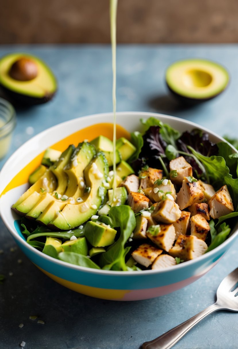 A colorful bowl filled with diced avocado, grilled chicken, and fresh greens, drizzled with a light vinaigrette