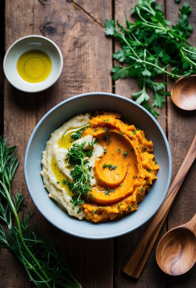 A rustic wooden table with a bowl of creamy lentil and sweet potato mash, garnished with fresh herbs and a drizzle of olive oil