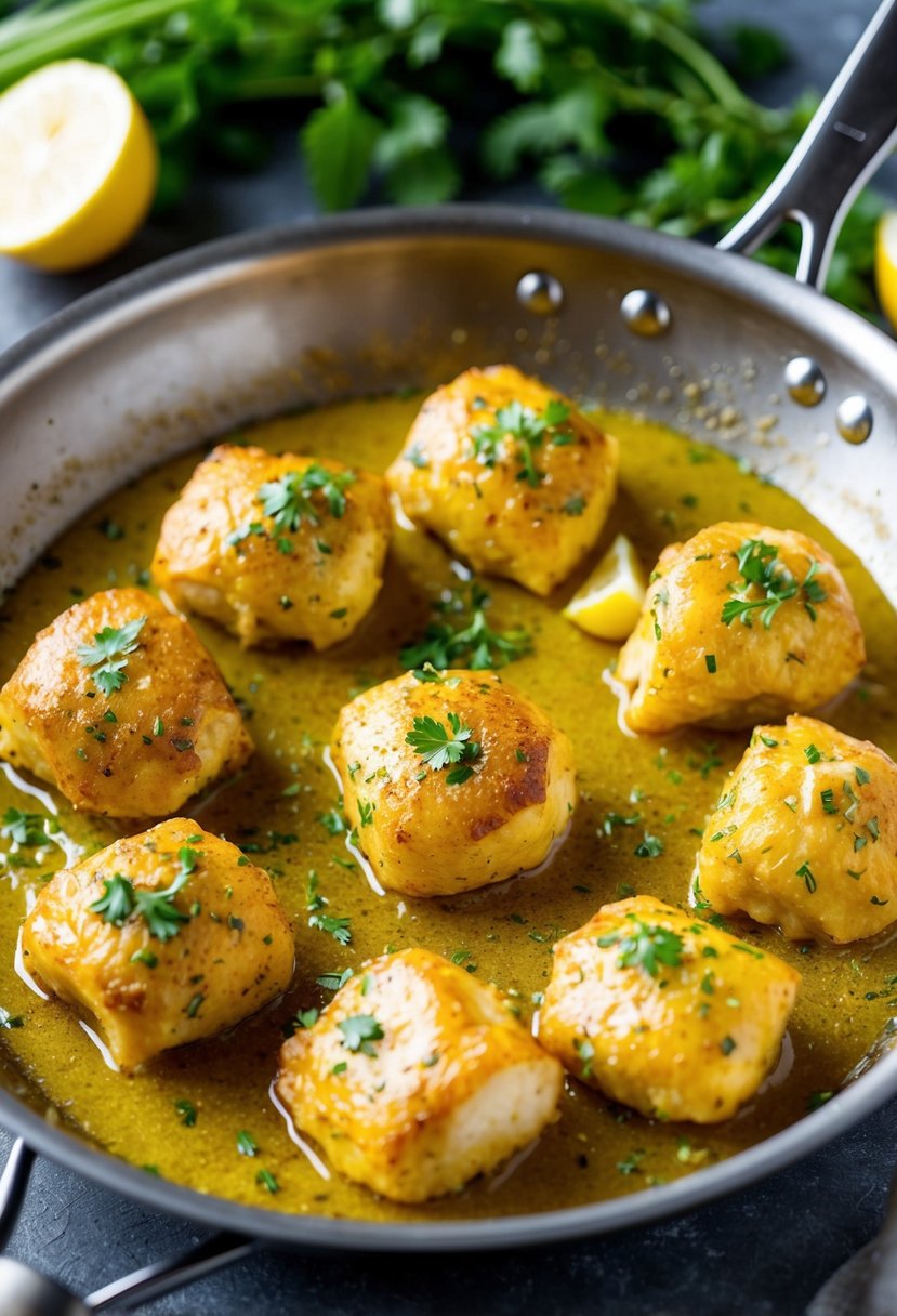 A sizzling skillet of golden-brown chicken bites coated in a rich, fragrant garlic butter sauce, garnished with fresh herbs and lemon wedges