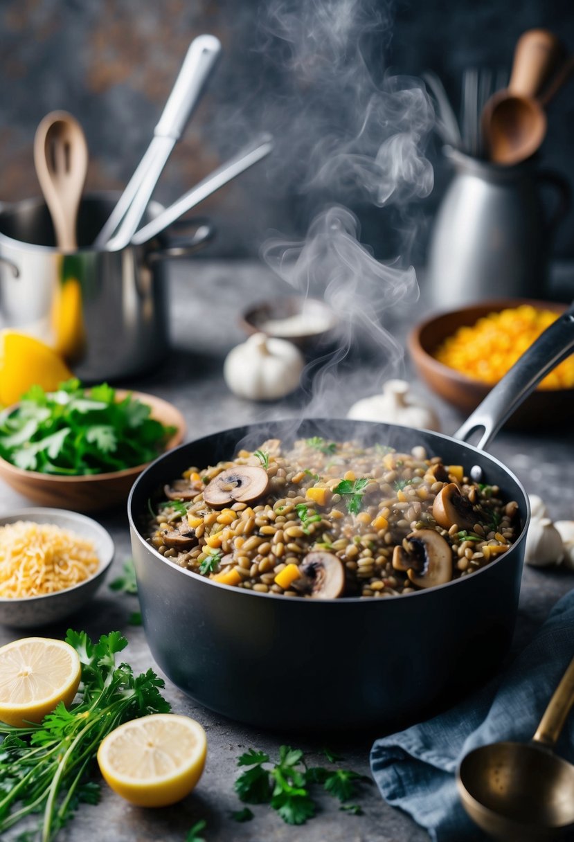 A steaming pot of lentil and mushroom pilaf surrounded by fresh ingredients and cooking utensils on a rustic kitchen countertop