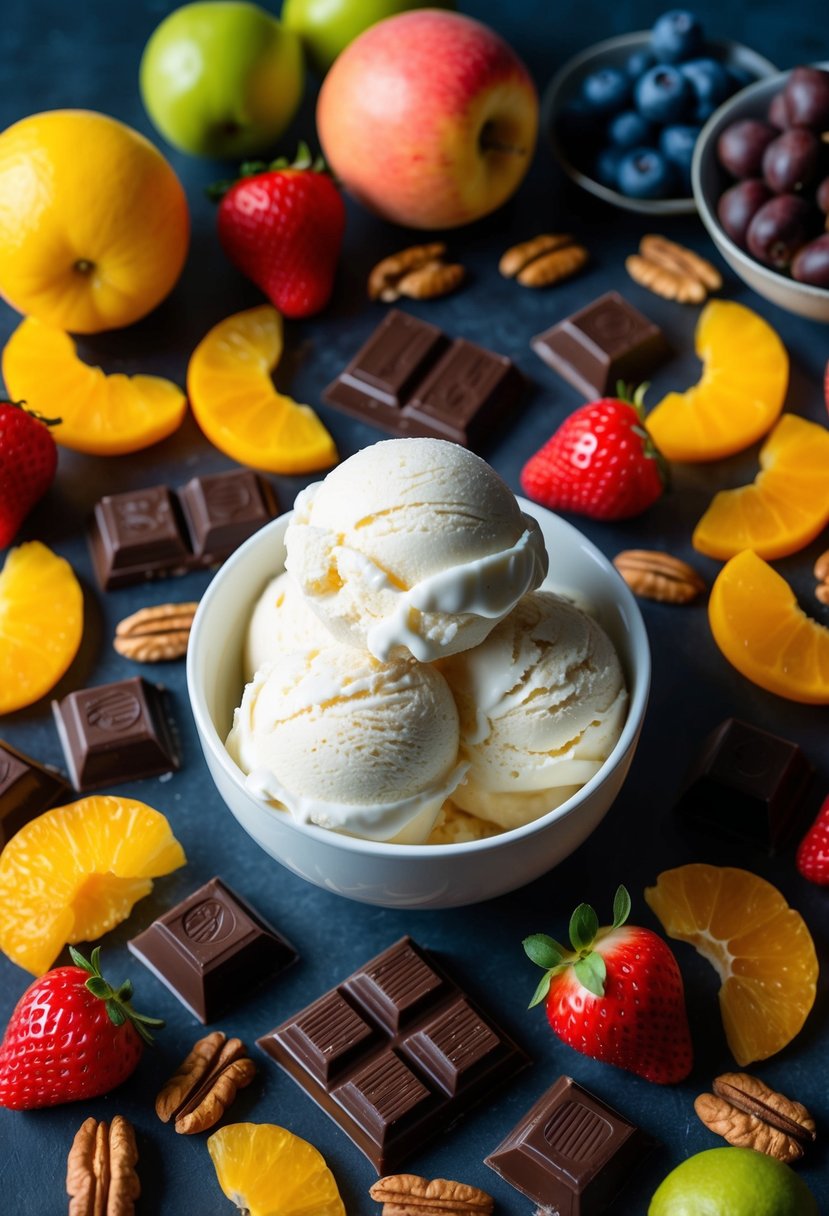 A colorful array of fresh fruit, chocolate, and nuts arranged around a bowl of creamy ice cream