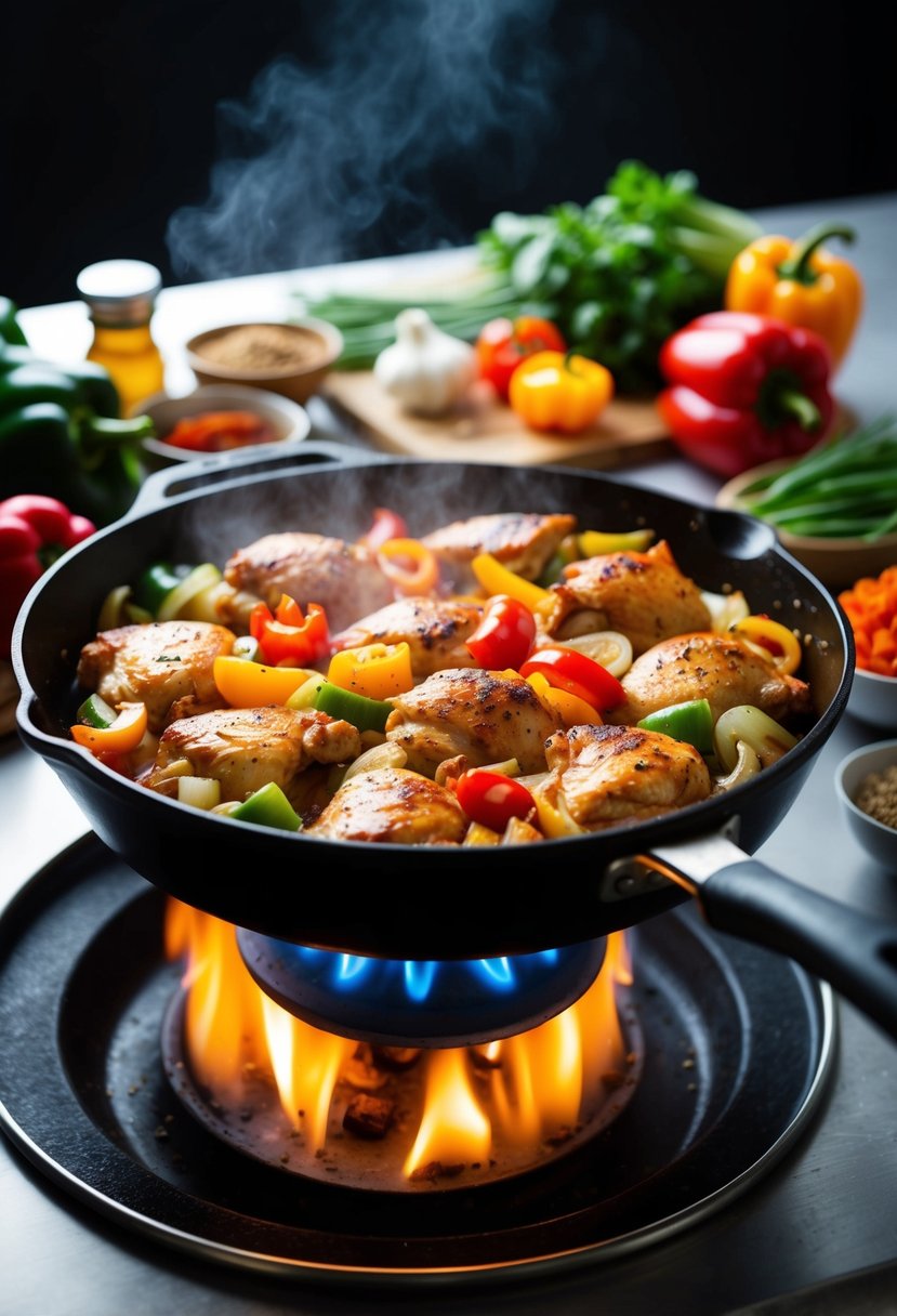 A sizzling skillet of chicken, bell peppers, and onions cooking over an open flame, with a colorful array of fresh vegetables and spices nearby