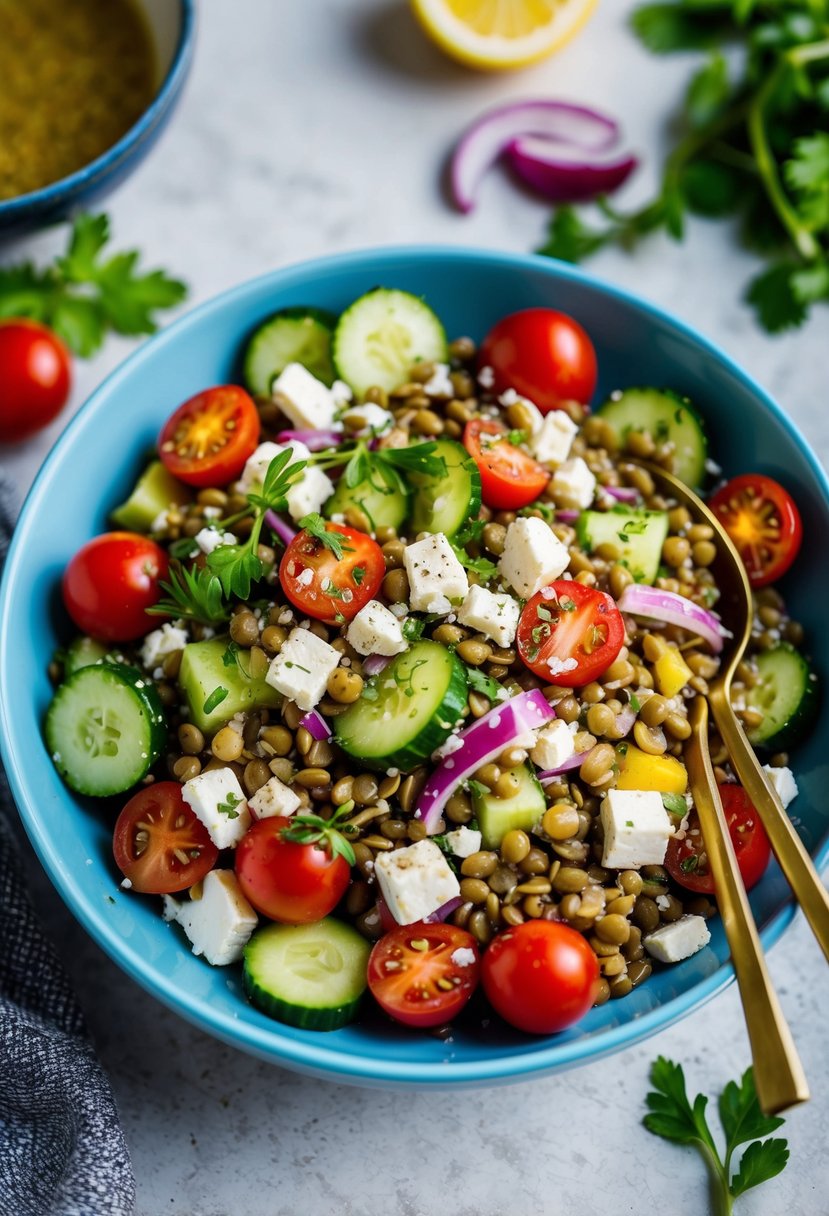 A colorful bowl of Greek Lentil Salad with crumbled feta, cherry tomatoes, cucumbers, red onions, and fresh herbs, drizzled with a tangy vinaigrette