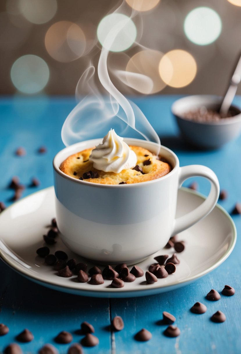 A steaming mug cake sits on a plate, surrounded by scattered chocolate chips and a dollop of whipped cream