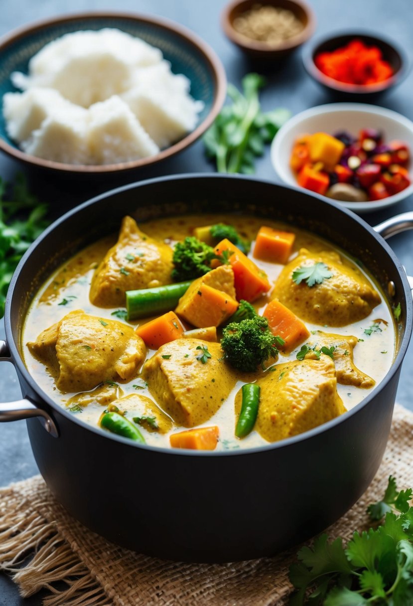 A pot of simmering coconut curry chicken with colorful vegetables and aromatic spices