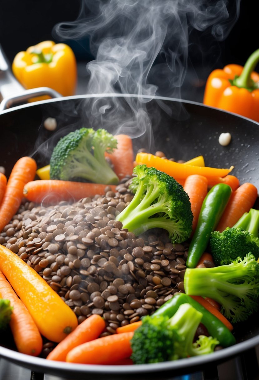 A colorful array of lentils, carrots, broccoli, and bell peppers sizzling in a wok, emitting fragrant steam