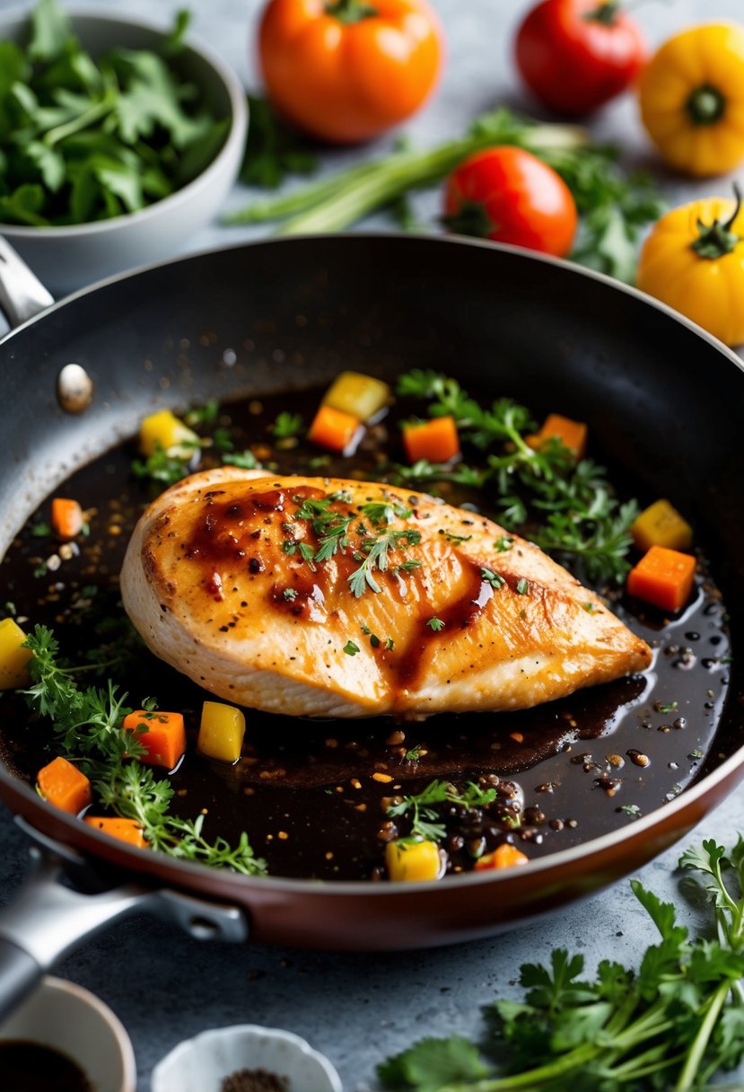 A sizzling chicken breast cooks in a pan with balsamic glaze, surrounded by colorful vegetables and herbs