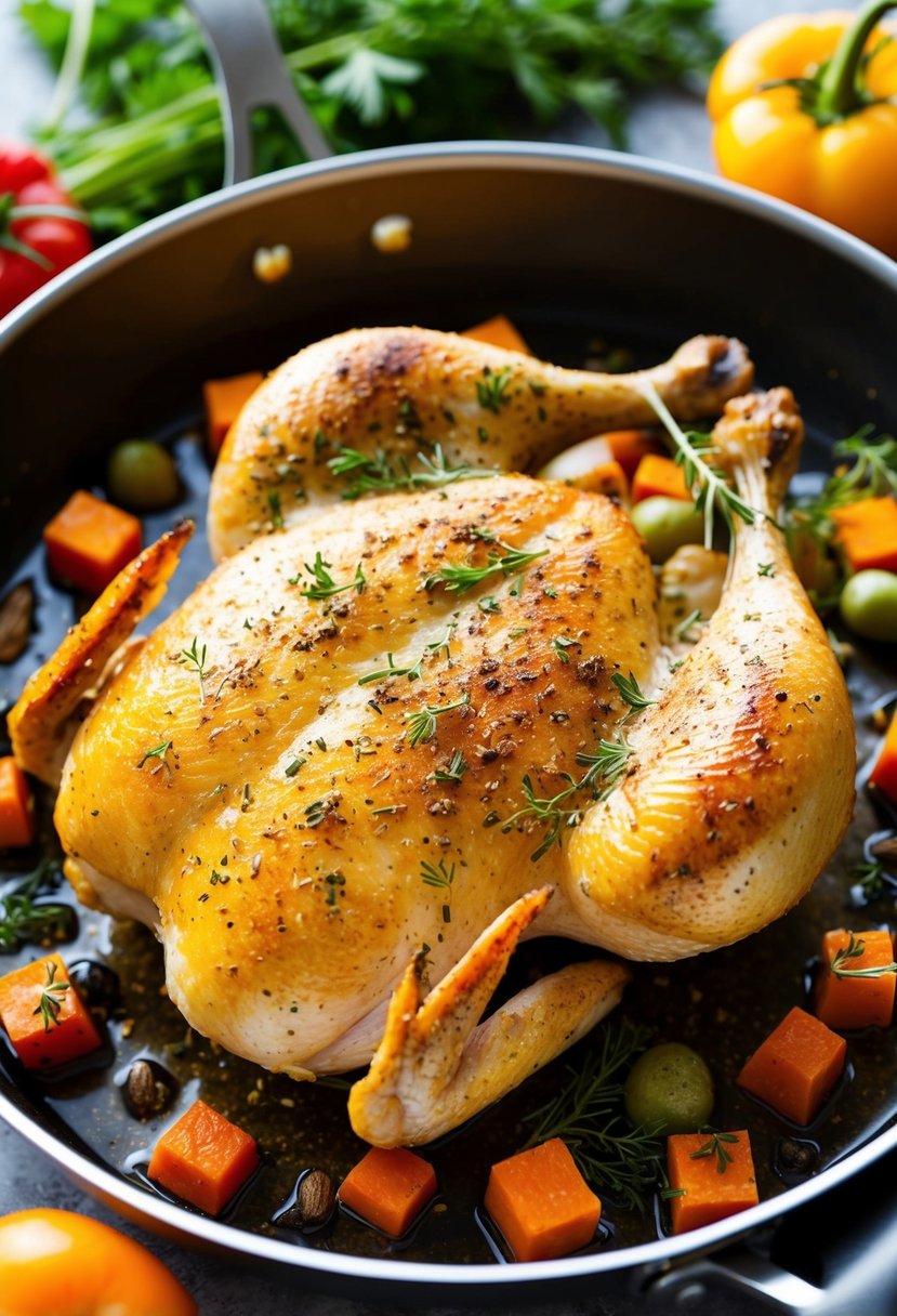 A golden-brown chicken breast, seasoned with herbs, sizzling in a roasting pan surrounded by colorful vegetables and aromatic spices