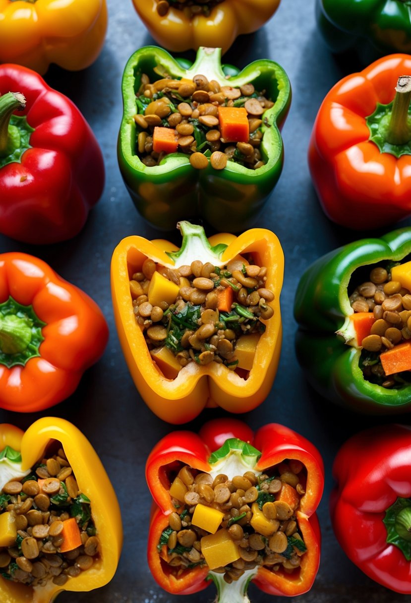 A colorful array of bell peppers, sliced open and filled with a hearty mixture of lentils, spices, and vegetables, ready to be baked to perfection