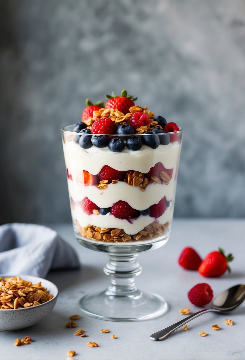 A glass parfait dish filled with layers of creamy yogurt, fresh berries, and crunchy granola