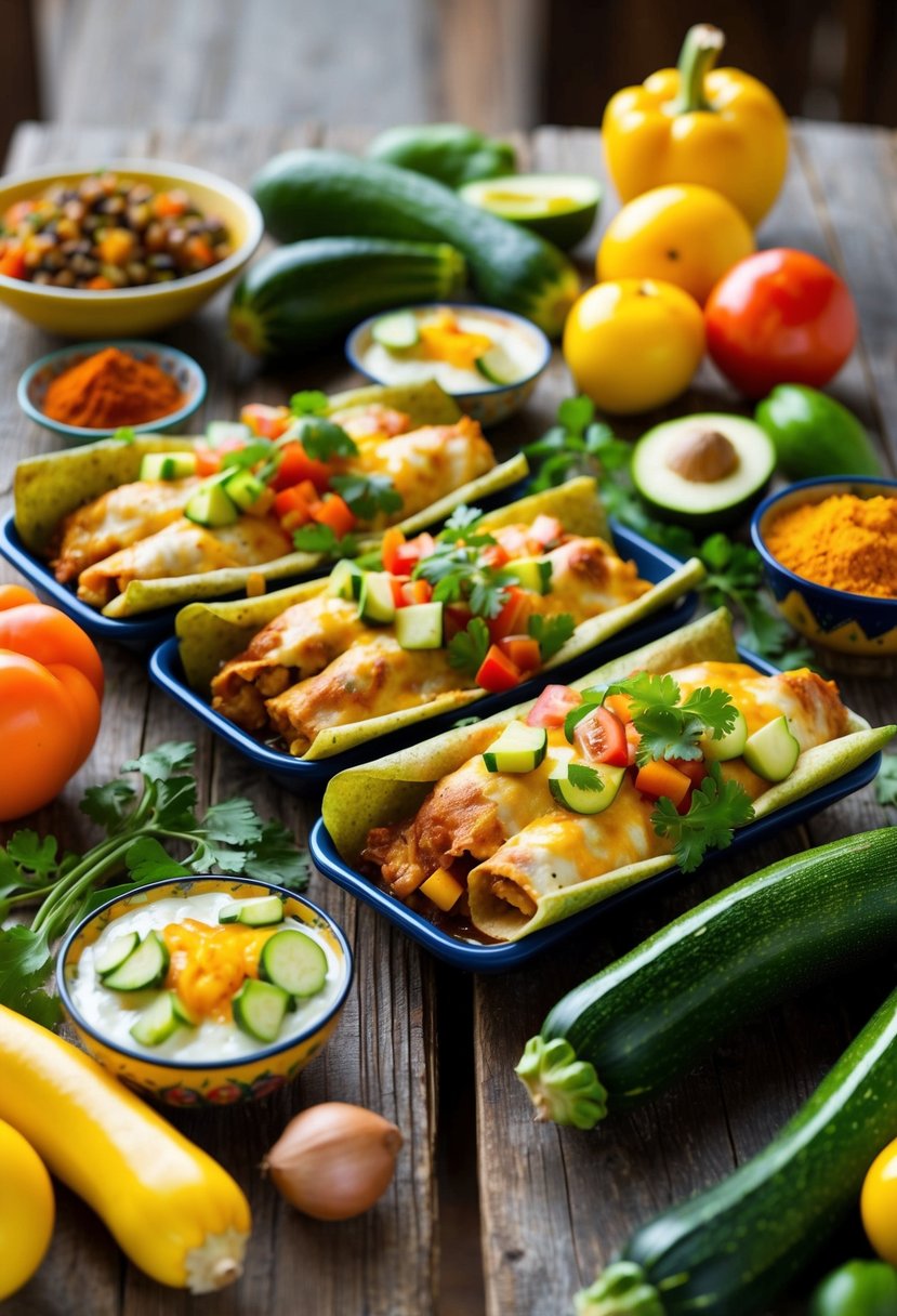 A colorful array of zucchini, chicken, and enchiladas arranged on a rustic wooden table. Bright vegetables and aromatic spices add to the inviting scene