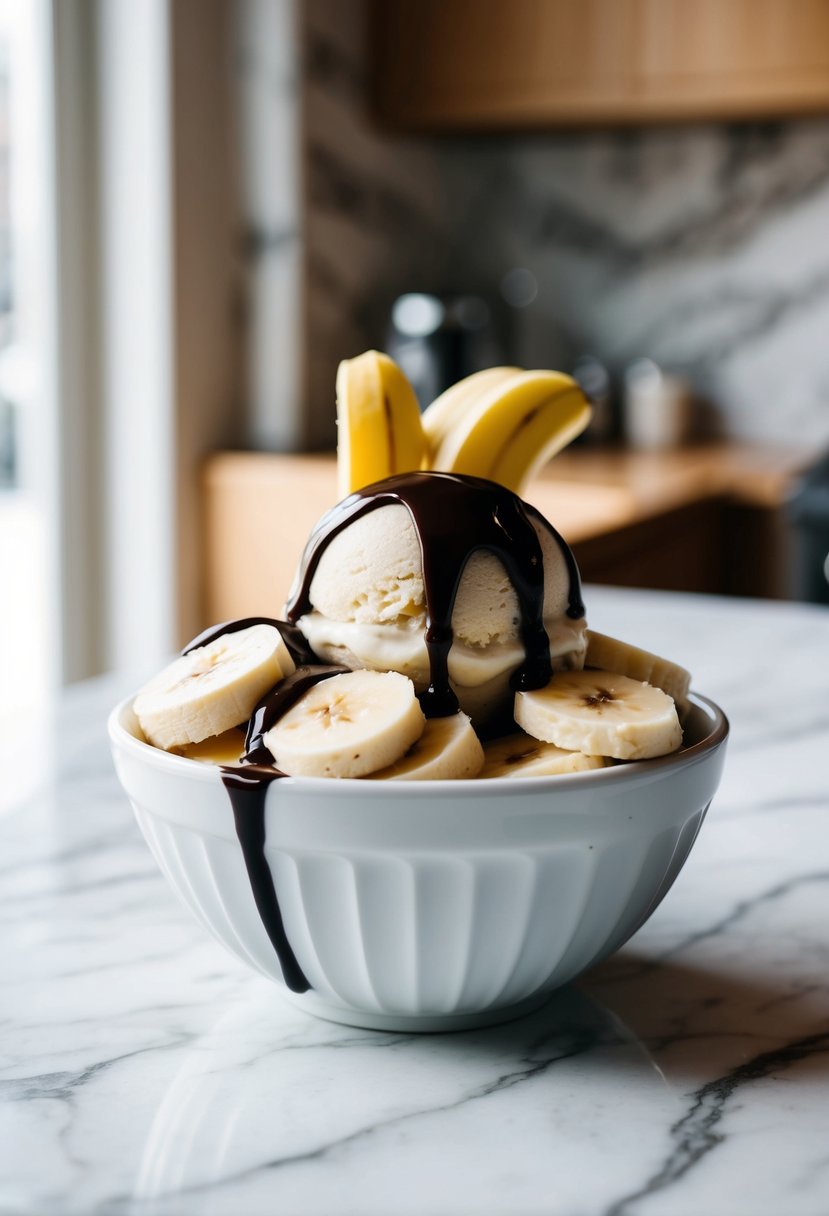 A bowl of banana ice cream topped with sliced bananas and a drizzle of chocolate syrup on a marble countertop