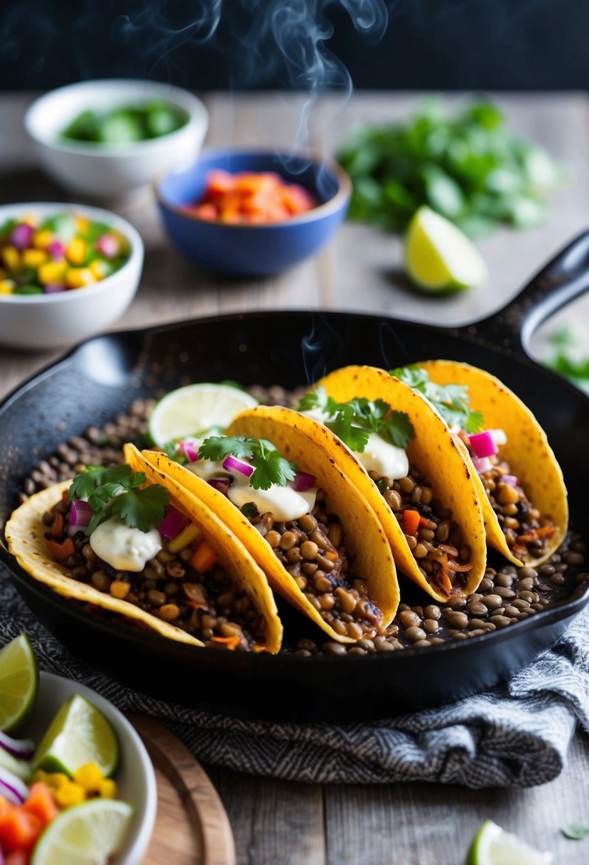 A sizzling skillet of smoky lentil tacos with a variety of colorful toppings and sides