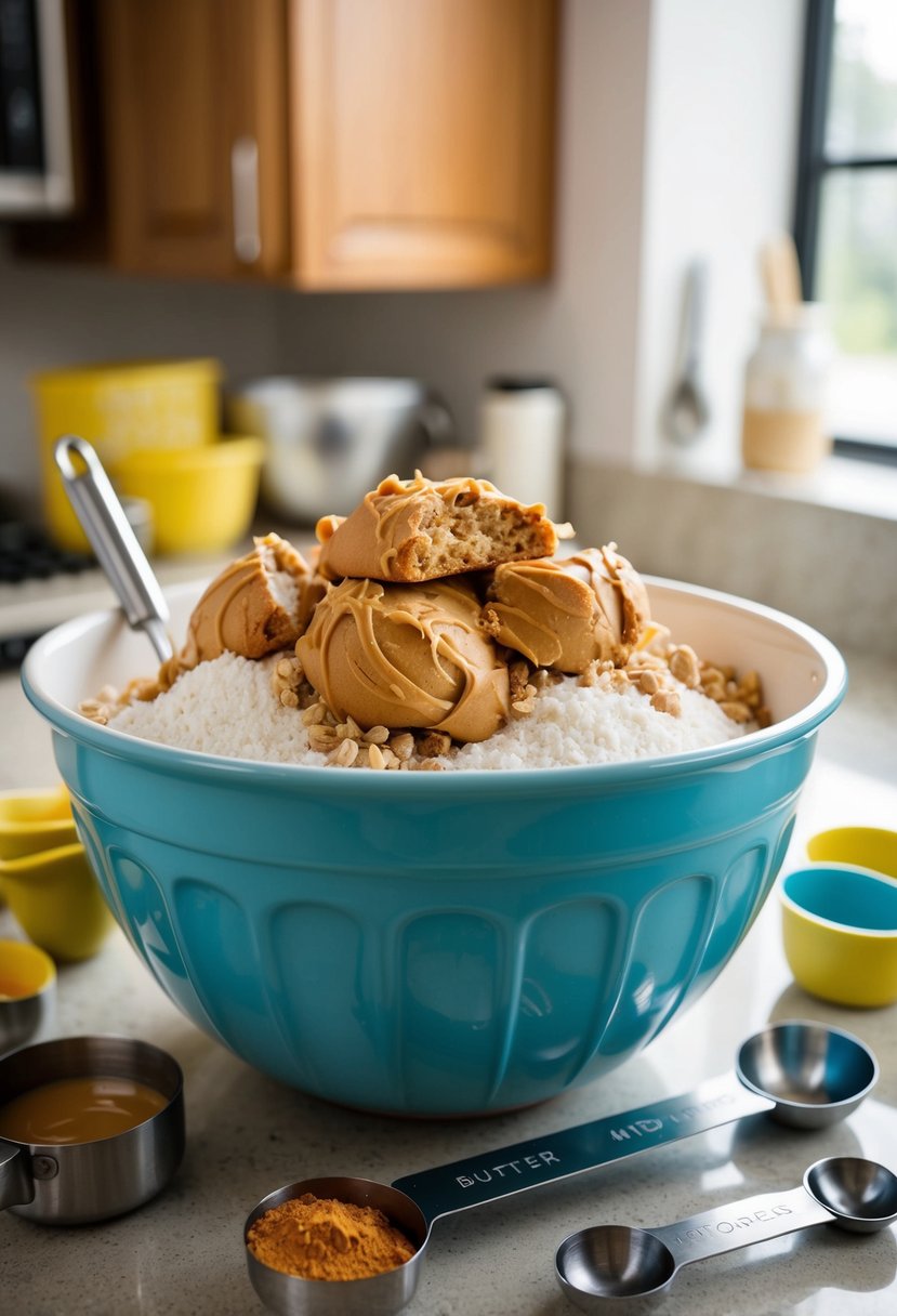 A mixing bowl filled with ingredients for peanut butter cookies, surrounded by measuring cups and spoons on a kitchen counter