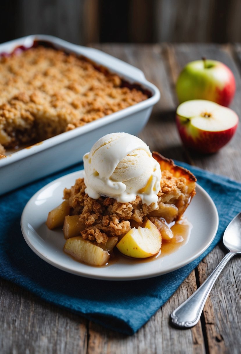 Freshly baked apple crumble with golden brown crust, topped with a scoop of vanilla ice cream, on a rustic wooden table