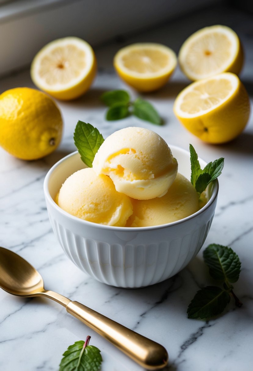 A bowl of lemon sorbet sits on a marble countertop, surrounded by fresh lemon slices and mint leaves