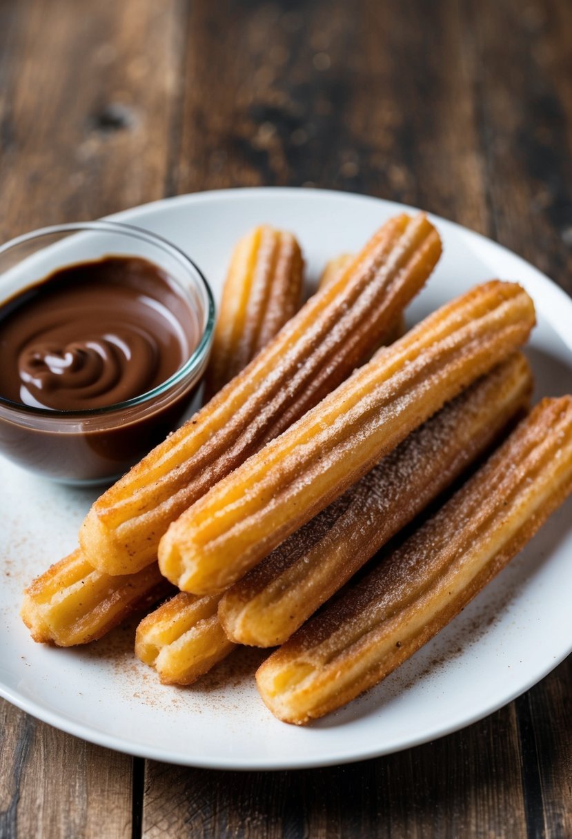 Golden, crispy churros dusted with cinnamon sugar, arranged on a plate with a side of chocolate dipping sauce