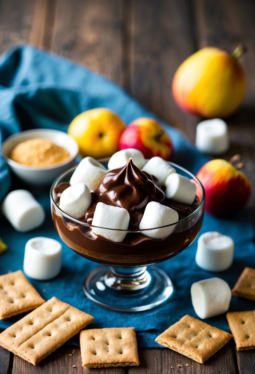 A glass dish filled with melted chocolate and marshmallows, surrounded by graham crackers and fruit