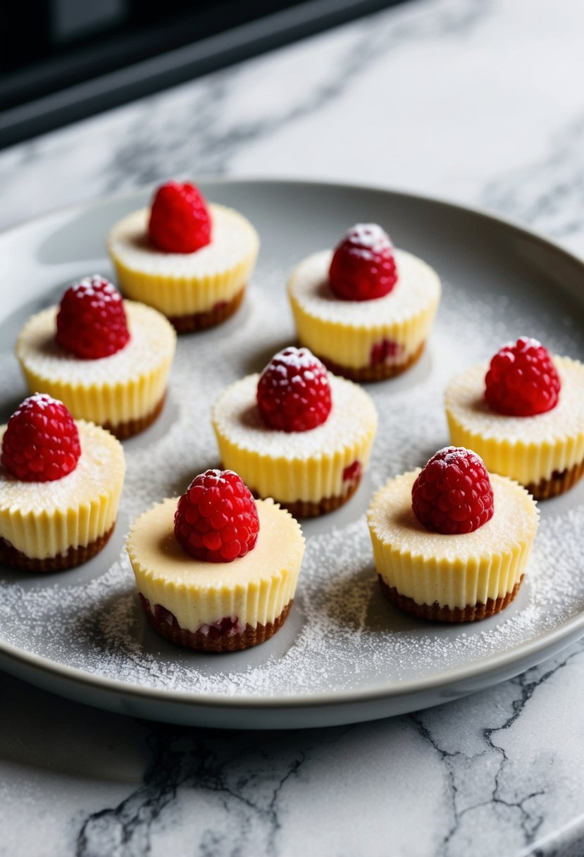 A plate of raspberry cheesecake bites arranged in a decorative pattern on a marble countertop, with fresh raspberries and a dusting of powdered sugar as garnish