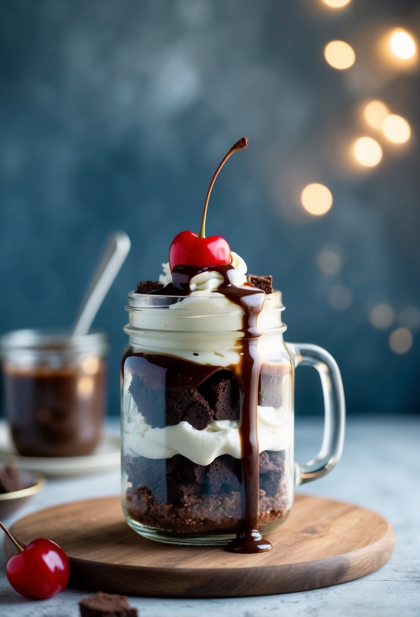 A mason jar filled with layers of brownie crumbles, chocolate sauce, and whipped cream, topped with a cherry