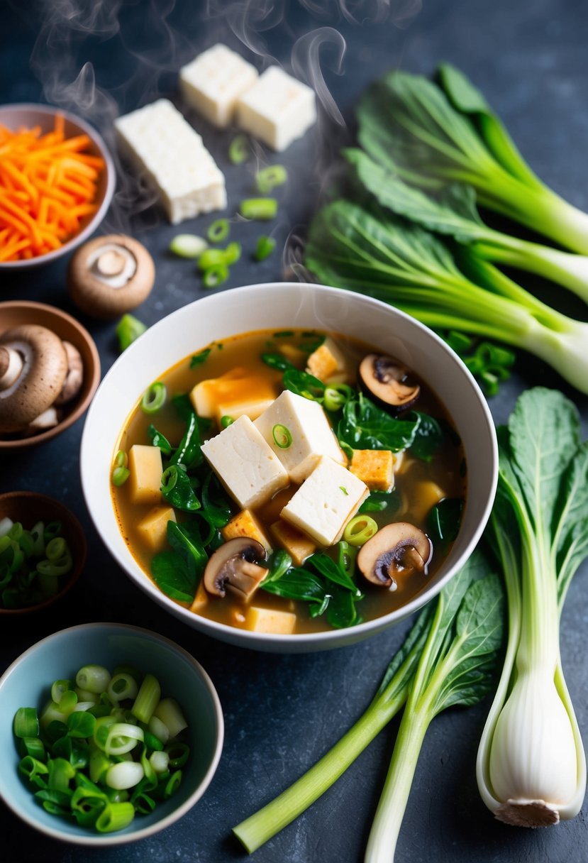 A steaming bowl of vegan Asian soup surrounded by colorful, fresh ingredients like tofu, mushrooms, bok choy, and scallions