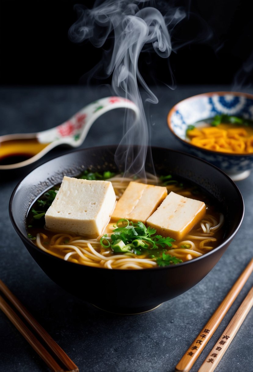 A steaming bowl of miso ramen with tofu, surrounded by chopsticks and a decorative Asian soup spoon