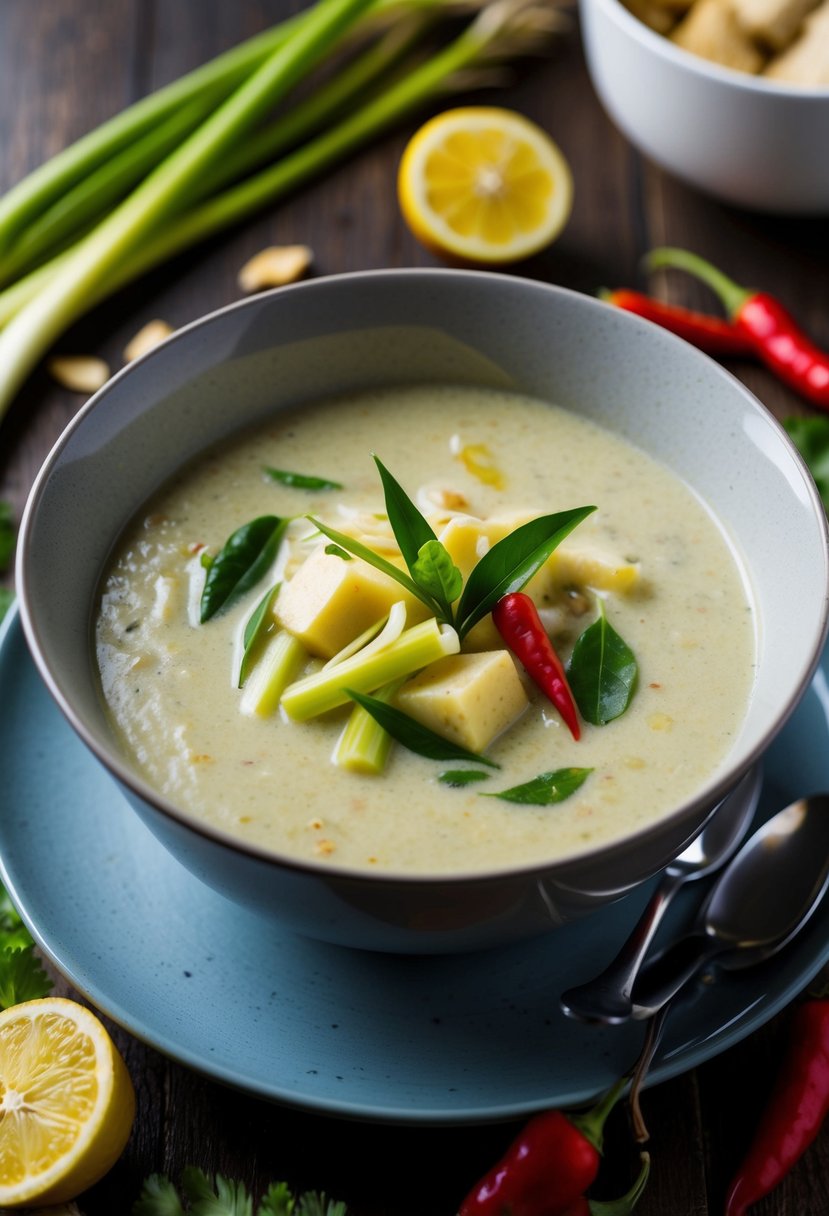 A steaming bowl of Thai coconut curry soup surrounded by fresh ingredients like lemongrass, ginger, and chili peppers