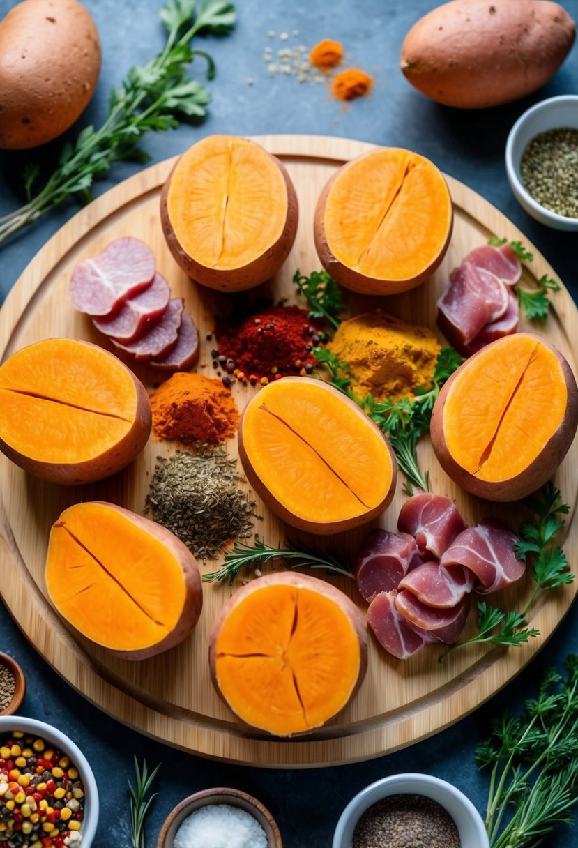 Sweet potatoes and various meats arranged on a wooden cutting board surrounded by colorful spices and herbs