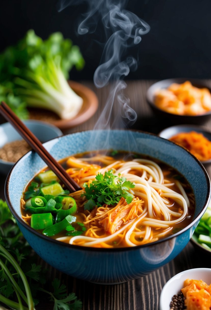 A steaming bowl of kimchi udon noodle soup with chopsticks resting on the side, surrounded by fresh vegetables and Asian spices