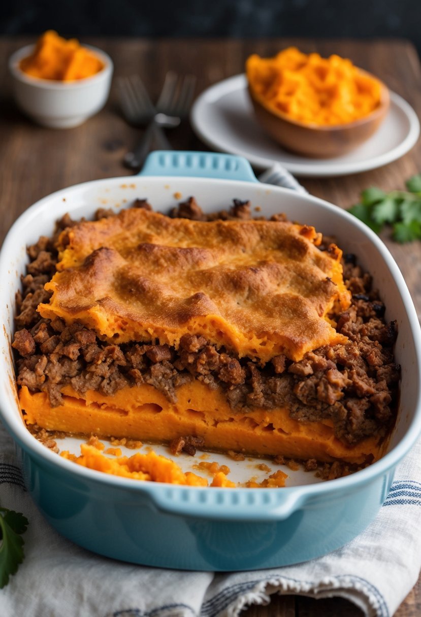 A rustic baking dish filled with layers of seasoned ground meat and mashed sweet potatoes, topped with a golden-brown crust