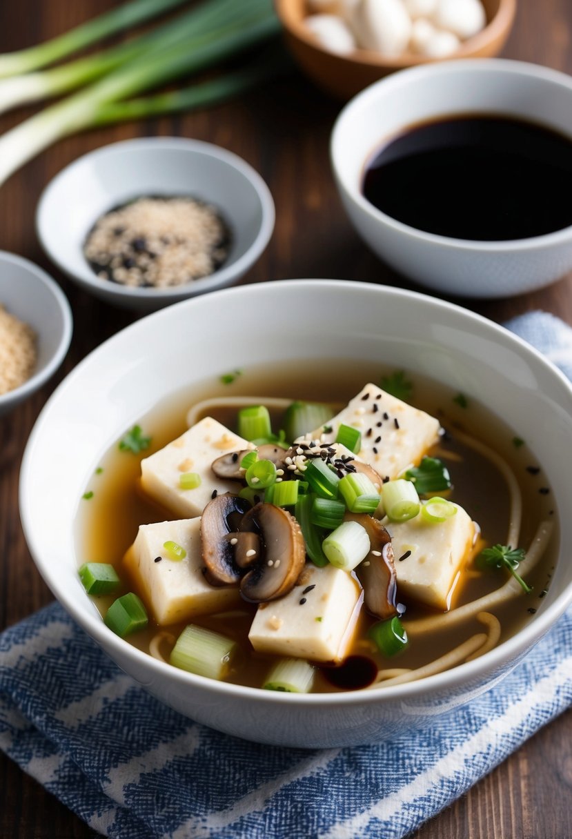 A steaming bowl of clear onion soup with tofu, scallions, and mushrooms, garnished with a sprinkle of sesame seeds and a drizzle of soy sauce